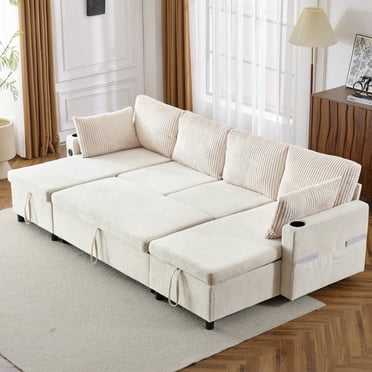 LUCKHAO  112" U-Shaped Sleeper Sofa Bed, Convertible Sectional Sofa with Pull Out Bed, Sleeper Sofa with Double Storage Chaise, USB Ports & Cup Holders , for Living Room, Small Apartmen