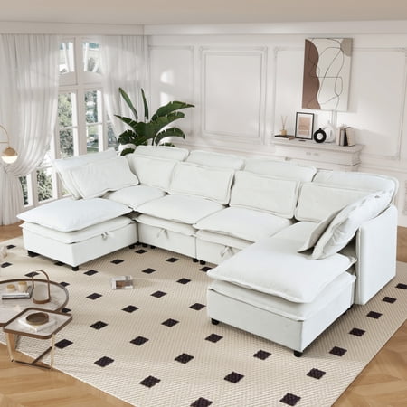 LUCKHAO 124*63" Large U-Shaped Modular Sofa with Double Chaise Lounge and Double-Layer Cushion , Freely Combinable 6-Seater with Storage Function, Convertible to Sleeping Sofa Bed