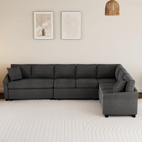 LUCKHAO 124.8"L-shaped Modular Sofa Convertible Sofa Bed Pull Out Sofa Sleeper Couch with Two Back Pillows, Two USB Ports and Two Power Sockets for Living Room
