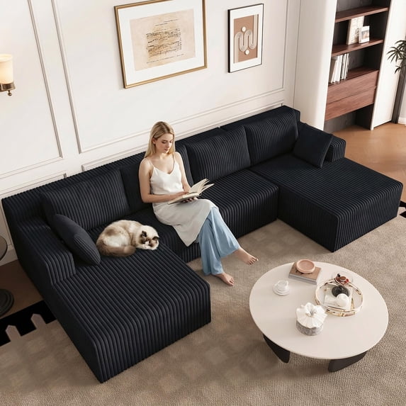 LUCKHAO 124" Deep Seat Modular U-Shape Couch, Corduroy Boneless Cloud Sofa with 6 Pillows, No Assembly Required