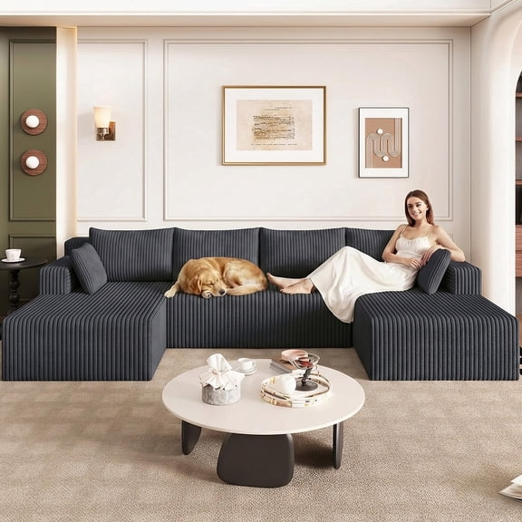 124" U-Shaped Sectional Couches for Living Room, 4-Seat Cloud Couch Modular Sofa, Corduroy Deep Seat Boneless with Pillows, No Assembly, Gray