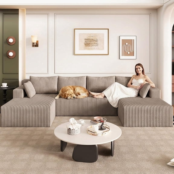 124" U-Shaped Sectional Couches for Living Room, 4-Seat Cloud Couch Modular Sofa, Corduroy Deep Seat Boneless with Pillows, No Assembly, Camel
