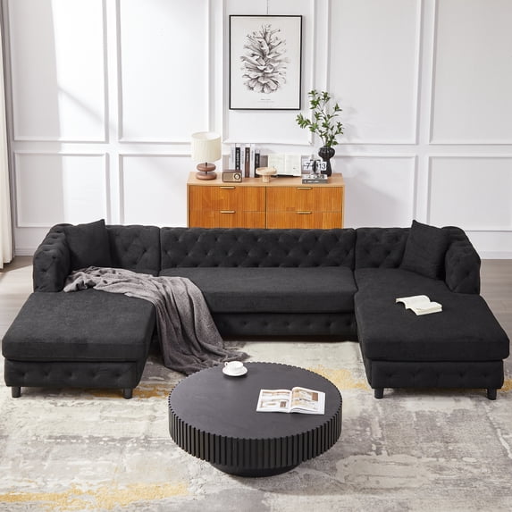 LUCKHAO 126-inch U-Shaped Oversized Symmetrical Sectional Sofa Couch with 2 Wide Chaises Longue and 2 Pillows ,Classic Chesterfield Button Tufted Chenille Sofa&Couch