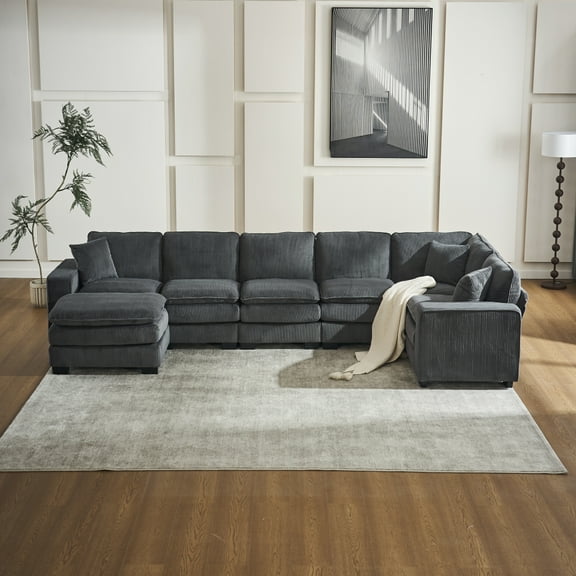 LUCKHAO 143.7" Oversized Modular Sectional Sofa, Spacious 6 Seater Corduroy Deep Seat Sofa ,with one Ottoman and three toss pillows ,L-Shaped Corner Sofa /U-Shaped Sofa