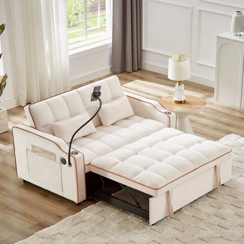 LUCKHAO 3 in 1 Convertible Sleeper Sofa Bed, Modern Velvet Loveseat ...