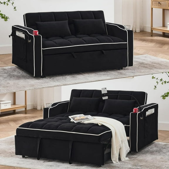 Black Foldable Sofa Bed with 2 USB Charging Ports, Pull Out Velvet Loveseat Sleeper with Phone Holder, Modern Futon Couch with Cup Holders & Adjustable Backrest for Living Room