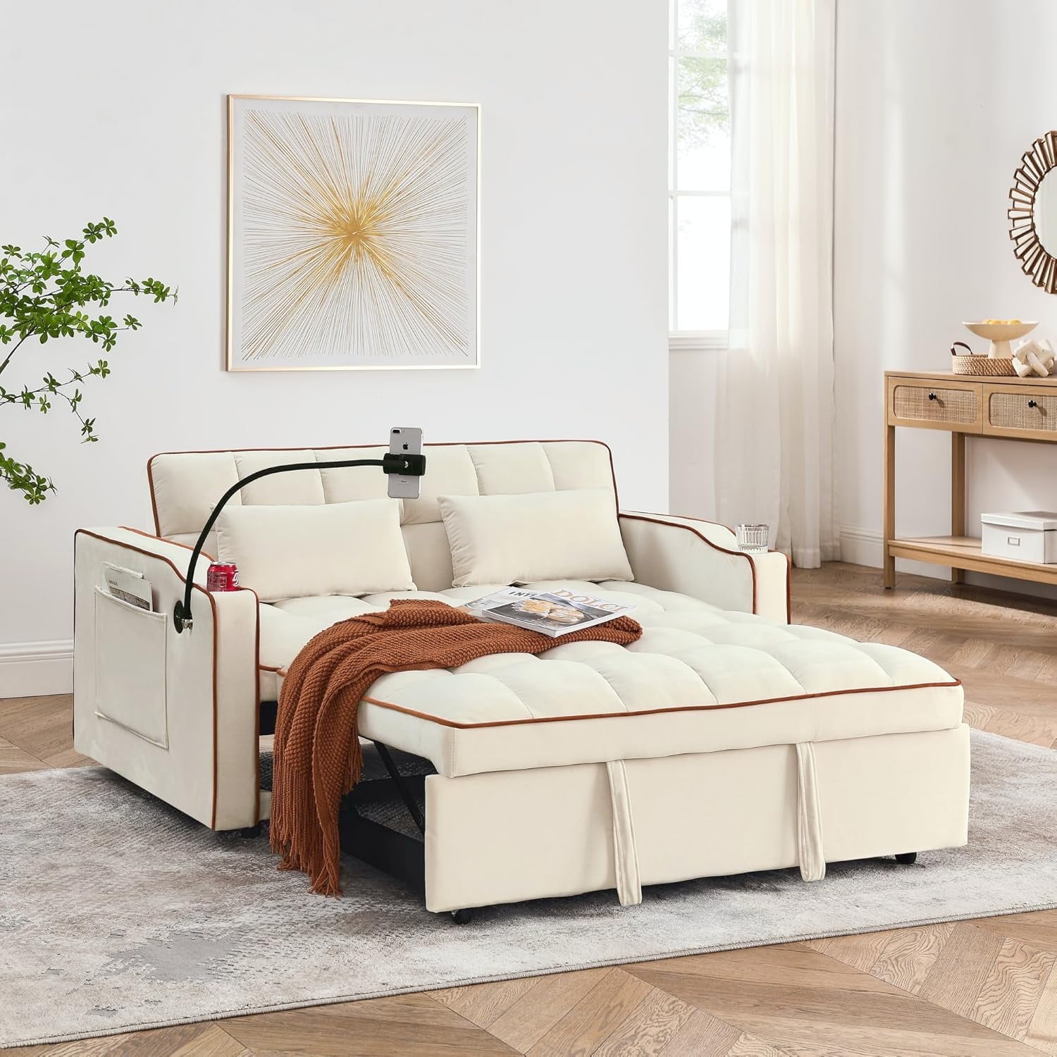 LUCKHAO 3 in 1 Sleeper Sofa Couch Bed, Velvet Convertible Loveseat ...