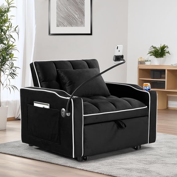 LUCKHAO 3-in-1 Sofa Bed, Convertible Sleeper Chair Sofa Bed, Pull Out Chair Bed with USB Ports and Type-C port on ,Modern Velvet Sofa Chair Sleeper Bed ,Single Lounge Armchair