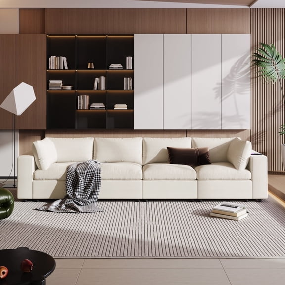 LUCKHAO 4-Seater Modular Sofa Set , U / L-style Upholstered Modular Sectional Sofa with Storage Space, USB Charge Ports,Wireless Charging and Built-in Bluetooth Speaker in Arm ﻿