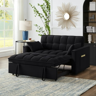 LUCKHAO  4 in1 Loveseat Sofa Bed with Armrests & Storage Pockets, Multi-Function Tufted Pull-out Sofa Bed with Adjustable Backrest and Pillows, Convertible Loveseat Sofa Couch ﻿
