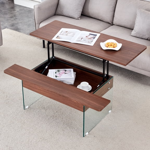 LUCKHAO  43" Lift Top Coffee Table with Storage ,  Multifunctional Lift Top Coffee Table with Tempered Glass Legs , for Living Rooms And Office