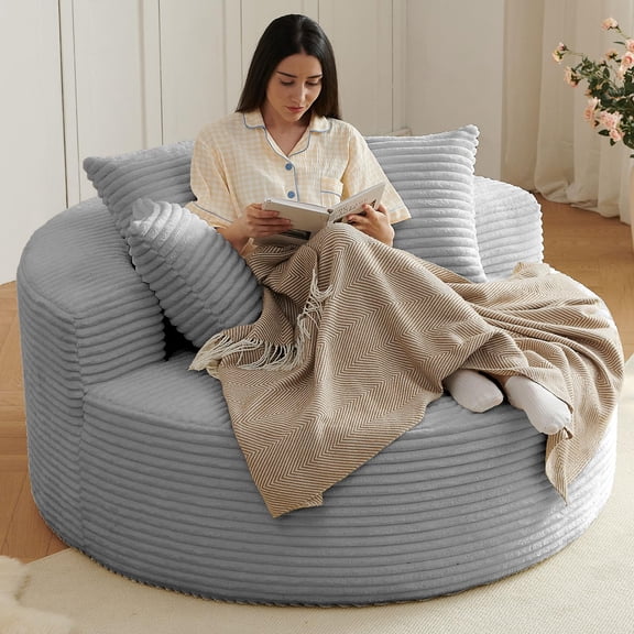 LUCKHAO 55'' Oversized Round Lounge Chair Indoor, Corduroy Upholstered Large Lounge Chaise, Cloud Soft Circle Sofa Bed for Reading,Living Room,Bedroom,No Assembly Required,Black
