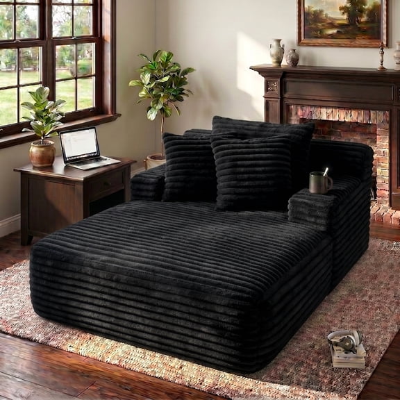 LUCKHAO 65" Oversized Deep Seat Corduroy Chaise Lounge, Cloud Sofa with Throw Pillows, No Assembly Required