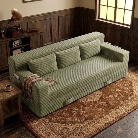 LUCKHAO 71" Foldable Sofa Bed, Corduroy Convertible Futon Couch, No Assembly, Antique Green