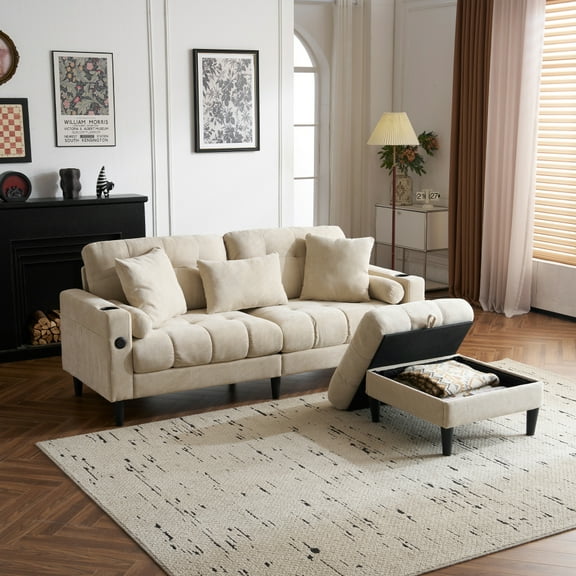 LUCKHAO 77" Sectional L Shaped chenille Sofa with Removable and Storage Ottoman ,Side Storage,and USB/C-TYPE Charging Ports sofa , 3 Seat Modular Sofa with High Legs for Living Room,Bedroom,Apartment