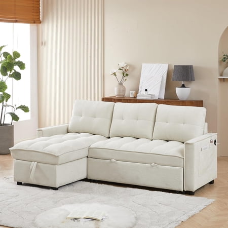 ? LUCKHAO 78" L-Shaped Reclining Sofa,Reversible Sleeper Sectional Sofa with Pull-Out Bed,Comfy Tufted Sectional Couch with Storage Chaise,USB Port&Side Pocket,Furniture Set for Living Room