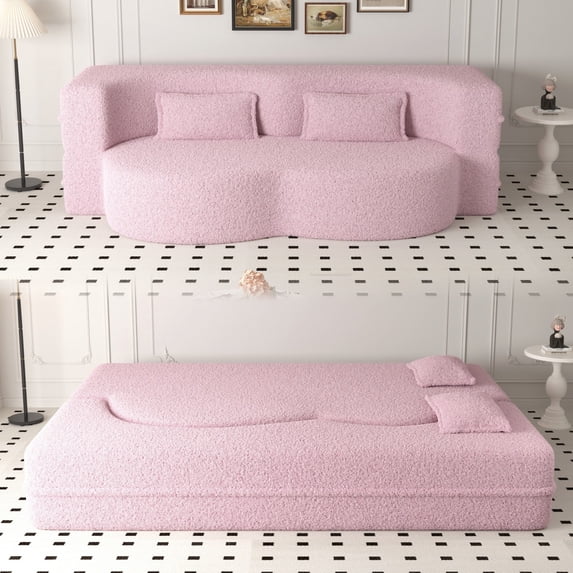 Modern Floor Sofa with 2 Pillows,Convertible Teddy Fabric Foam-Filled Sleeper Sofa Bed,15" Full Size Folding Mattress for Living Room,Guest Bed,Playroom,no assembly required,Pink
