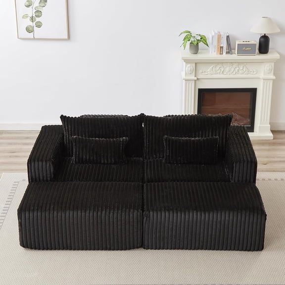 87" Oversized Double Chaise Lounge Chair, Plush Corduroy Sleeper Loveseat with 2 Ottomans, Fluffy Cloud Sofa for Living Room & Bedroom, No Assembly,Brack