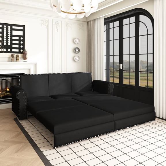 LUCKHAO King Size Convertible Sofa Bed with Faux Leather & Velvet Upholstery, Rolled Arm, Nailhead Trim, Multi-Functional Chesterfield
