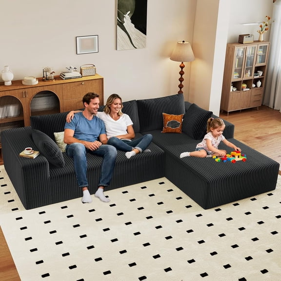 LUCKHAO 96" Modular L-Shaped Sectional Sofa, No Assembly Required, Corduroy Cloud Couch with Chaise, Black, Right Facing, 3-Seater, for Living Room & Bedroom
