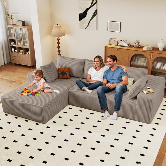 LUCKHAO 96" Modular L-Shaped Sectional Sofa,Boneless Cloud Couch with Chaise,Corduroy Upholstered Deep Seat Sofa,No Assembly Required,Camel,Left Facing