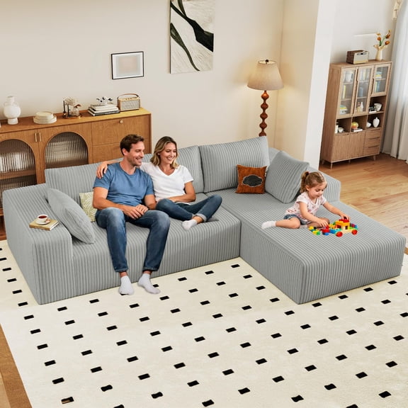 LUCKHAO 96" Modular L-Shaped Sectional Sofa,Boneless Cloud Couch with Chaise,Corduroy Upholstered Deep Seat Sofa,No Assembly Required,Light Gray,Right Facing