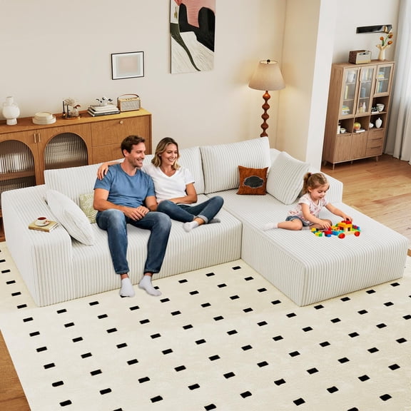 LUCKHAO 96" Modular L-Shaped Sectional Sofa,Boneless Cloud Couch with Chaise,Corduroy Upholstered Deep Seat Sofa,No Assembly Required,White,Right Facing