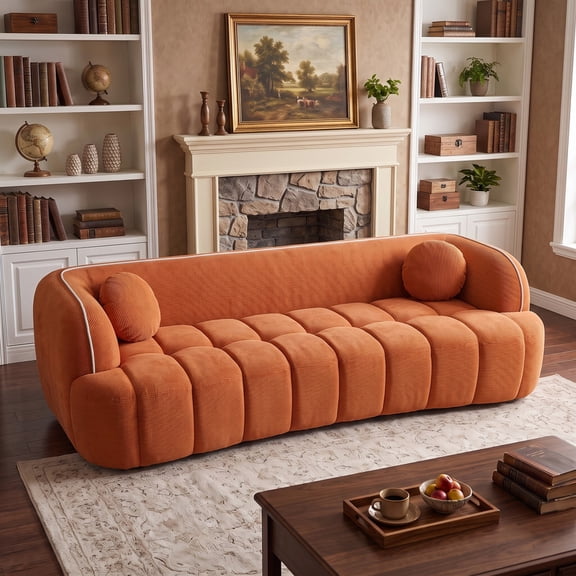LUCKHAO 98.4" Modern Compressed Cloud Sofa, 3-Seat Corduroy Couch, No Assembly Sofa-in-a-Box, Orange