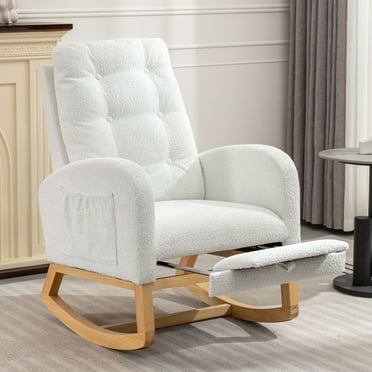 LUCKHAO   Accent Rocking Chair with High Back , Nursery Rocking Chair with Retractable Foot Rest,  Glider Rocking Chair with Solid Wood Legs ,Button Decors Mid Century Rocker Chair