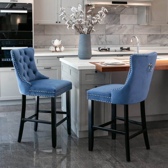 LUCKHAO Bar Stools Set of 2, Velvet Upholstered Barstools with Button Tufted Decoration & Nailhead-Trim and Wooden Legs, for Kitchen Pub Cafe Restaurant