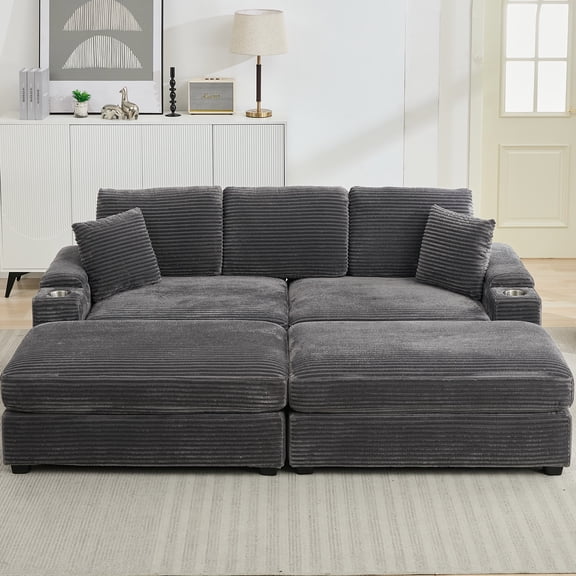 LUCKHAO Combination Modular Convertible Sectional Sofa Bed Set,Armrest storage, Stainless steel cup holder, USB, Upholstered Sofa, Deep Seat, Living Room, Loft, Apartment, Office