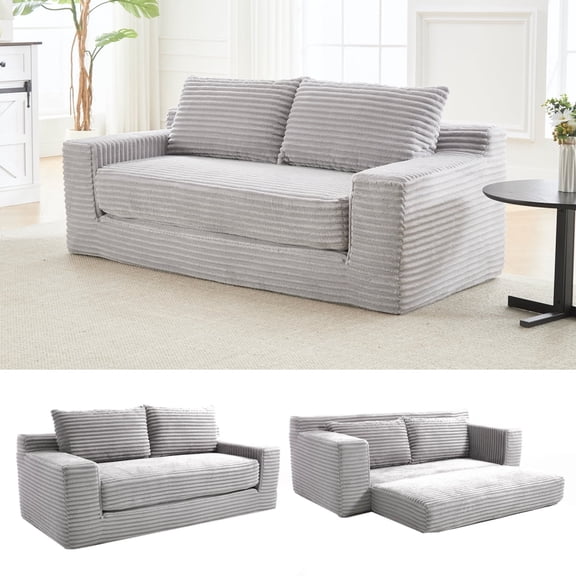 LUCKHAO Convertible Loveseat Sofa Bed, Corduroy Upholstered 2-in-1 Couch with Memory Foam and Steel Frame, No Assembly Required, Compact Design for Small Spaces