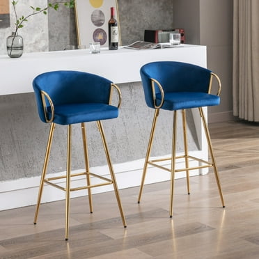 LUCKHAO    Counter Height Bar Stools Set of 2 , Velvet  Low Back Chair with Chrome Footrest and Golden Leg , for Kitchen Island/Home Bar/Dining Room ﻿