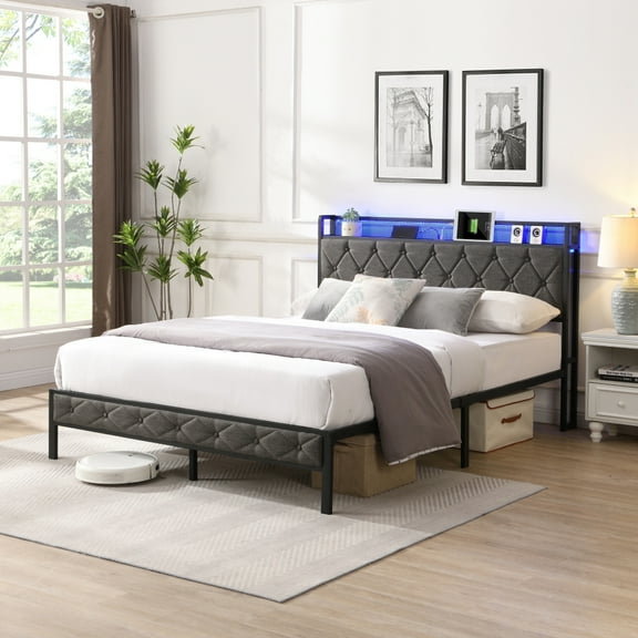 LUCKHAO Upholstered Bed Frame with Storage Headboard, LED Lights, Charging Station, Heavy Metal Slats, Full/Queen/King
