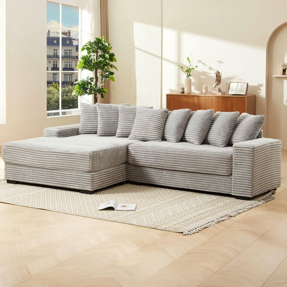 111" Oversized Two-Piece Corduroy Couch Sectional, Large L-Shaped Cloud Couches for Living Room, Memory Foam Sofa with Chaise Daybed & 8 Pillows (Corduroy Grey, 111" W Left Facing Chaise)