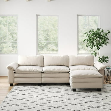 LUCKHAO  L Shaped Modular Sectional Sofa Couch with Ottoman ,Velvet Upholstered Sofa for Living Room, 118" 3 Seat Cloud Couches