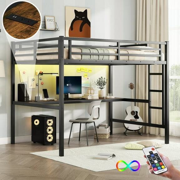 LUCKHAO Metal Twin XL / Full /Full XL Size Loft Bed with Power Outlet and LED Lighted, Space-Saving, Noise Reduced, Black 