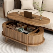 LUCKHAO Modern Oval Fluted Lift Top Coffee Table with Hidden Storage Compartment for Living Room