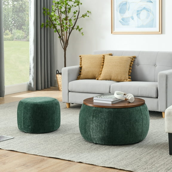 2-Piece Circular Woven Rattan Storage Ottoman, Equipped with Drum Shaped Stools, Storage Space, and MDF Tabletop Panel