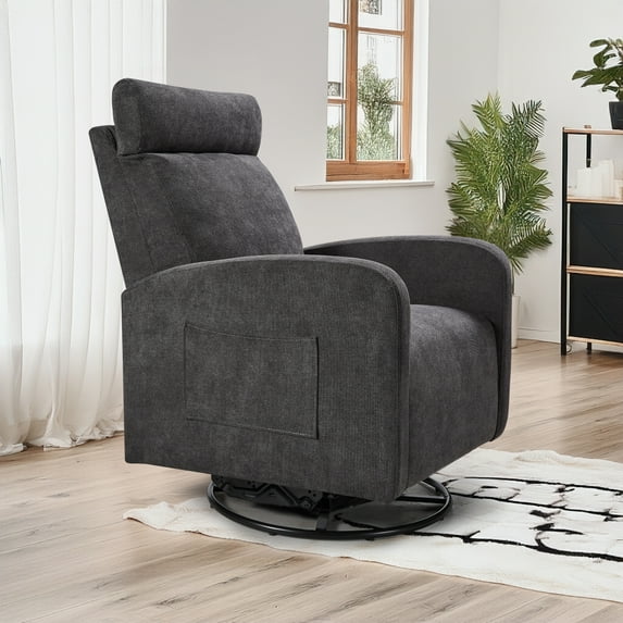 LUCKHAO Modern Swivel Glider Chair, Upholstered Accent Glider Rocker Chair for Baby Nursery, Comfy Tall Back Rocking Armchair with Side Pocket and Headrest ,Theater Recliner Sofa
