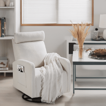 LUCKHAO   Modern Swivel Glider Chair, Upholstered Accent Glider Rocker Chair for Baby Nursery, Comfy Tall Back Rocking Armchair with Side Pocket and Headrest ,Theater Recliner Sofa