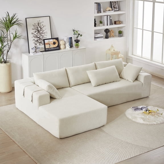 LUCKHAO Modular Sectional Sofa with Reversible Chaise, Chenille Upholstery, Square Arms, 6 Pillows, Beige