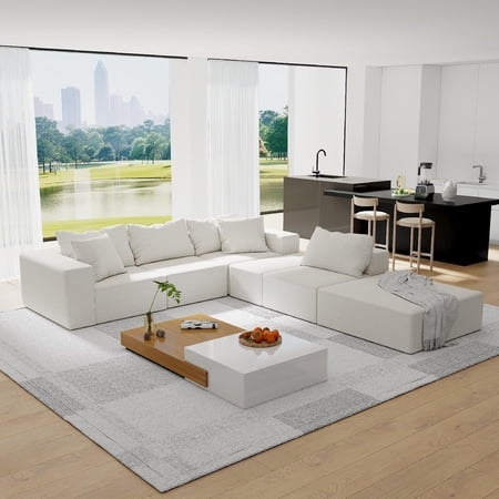 ? LUCKHAO Modular 132*77" L Shaped Sectional Living Room Sofa Set , Chenille Upholstered Sectional Sleeper Sofa With 6 Pillows Free Combination Sofa Couch for Living Room,Bedroom