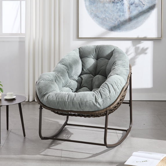 Light Green Outdoor Rattan Rocking Chair, Padded Cushion Patio Rocker with Steel Frame for Porch, Garden