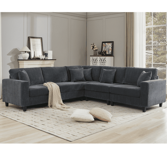 LUCKHAO Oversized Corduroy Modular Sectional Sofa, Comfy Deep 5 Seat Couch, L-Shaped Corner Sectional Couch with 5 Throw Pillow, Large Upholstered Furniture for Living Room ﻿