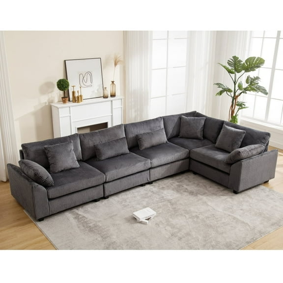 LUCKHAO Oversized Corduroy Modular Sectional Sofa , Upholstered Deep Seat Comfy Corner Sofa ,112*112" /146*76 ,U/L Shaped Corduroy Convertible Sofa for Living Room
