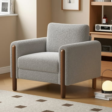 LUCKHAO  Oversized Deep Accent Chair ,Teddy Upholstered Living Room Chairs with Walnut Legs & Curved handrail ,Comfy Reading Armchair, Single Seat Sofa Chair  for Living Room