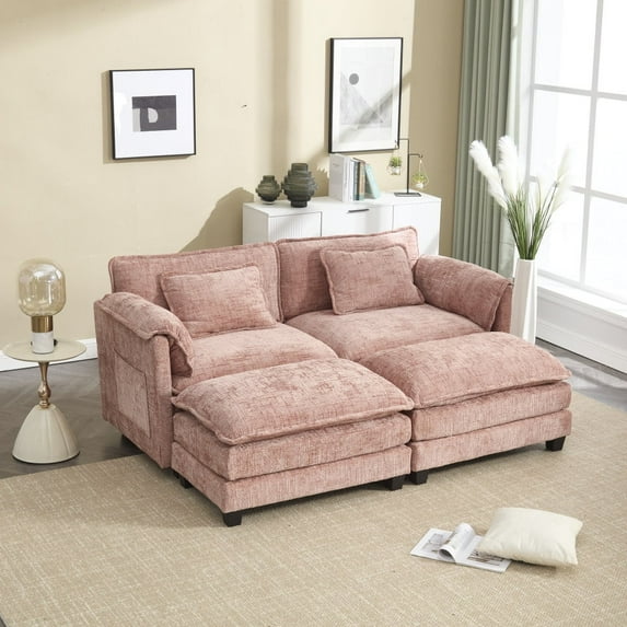 LUCKHAO Oversized Double Chaise Lounges Indoor with Ottoman, Comfy Chenille Deep Seat Lounge Loveseat Sofa with Side Pock and Detachable Armrests