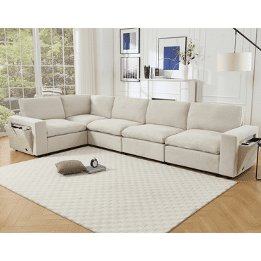 LUCKHAO  Oversized Modular Sectional Sofa, 141" L Shaped Couch Linen Comfy Deep Seat Corner sofa with Wireless Charging Port & Cup Holders & Book Storage Space, for Living Room ﻿