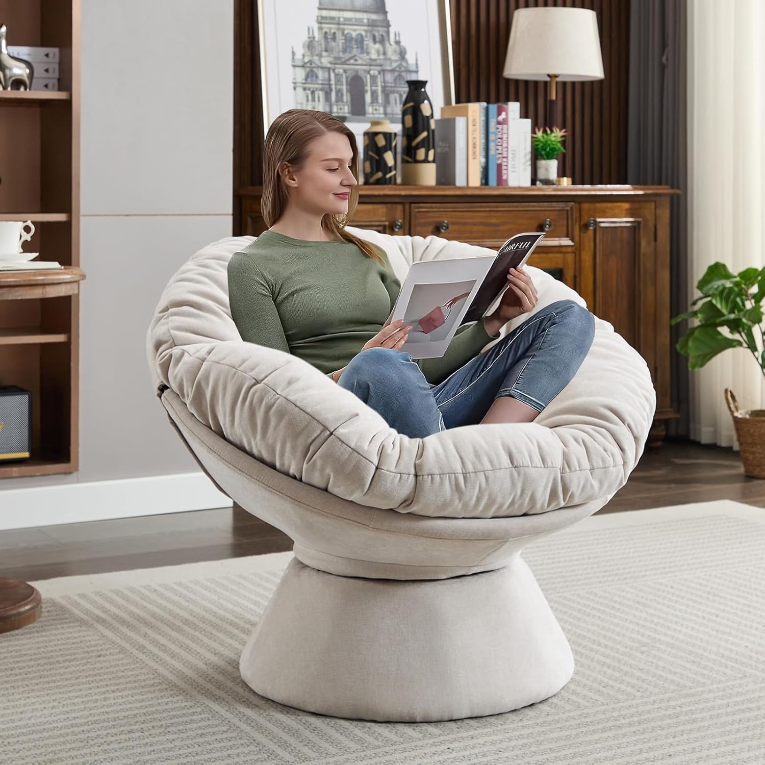 LUCKHAO Oversized Swivel Accent Chair, Papasan Chair, 360 Swivel Barrel